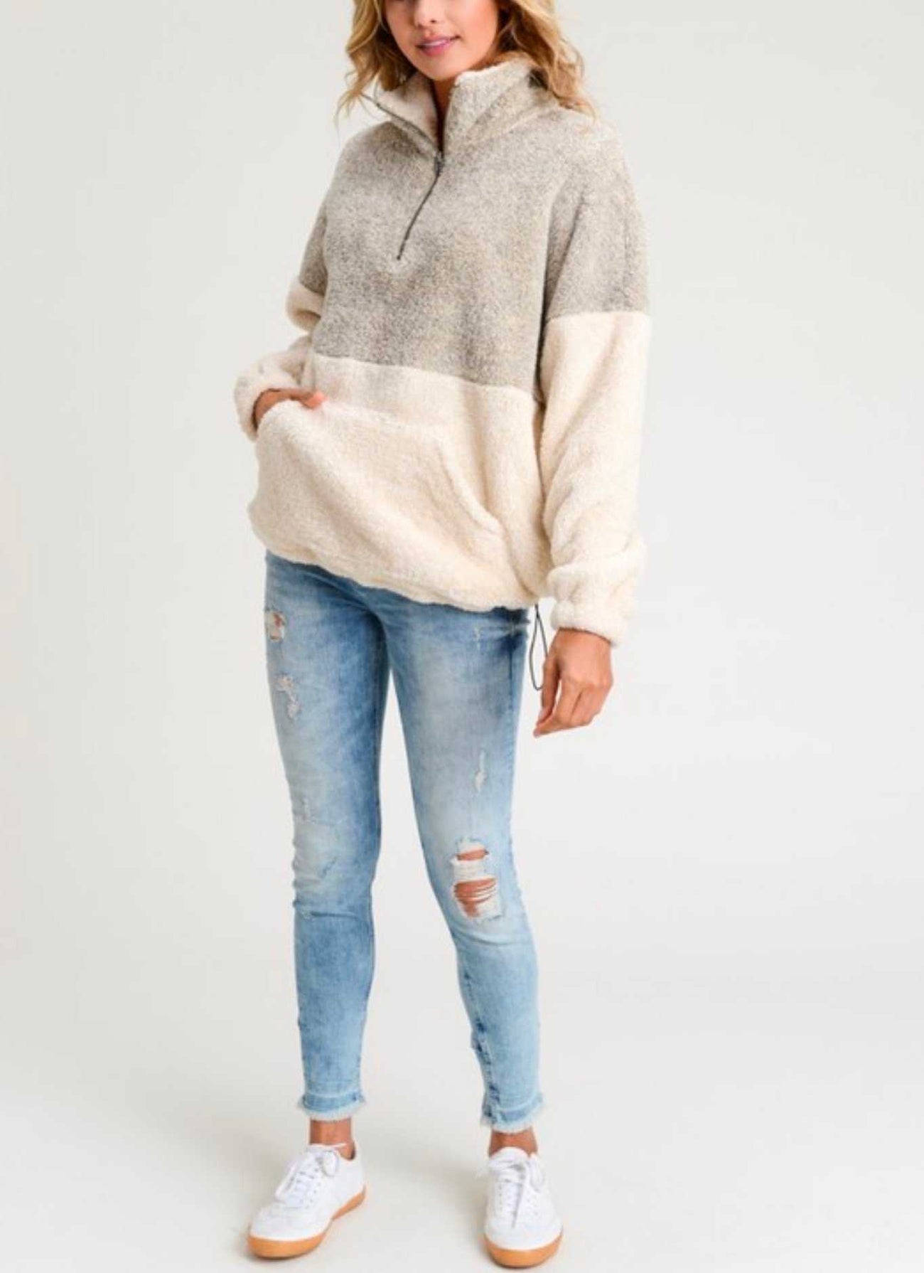 Two Toned Fuzzy Sherpa Fleece Pullover sunifty