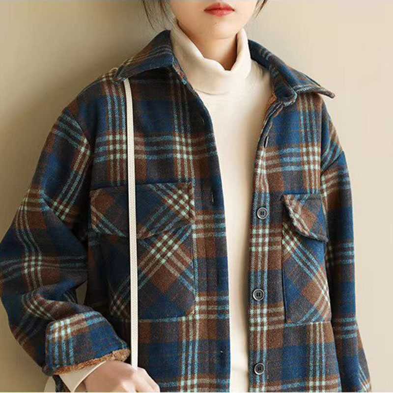 Classic Thick Colorblock Checked Button Down Shirt Jacket Woolen