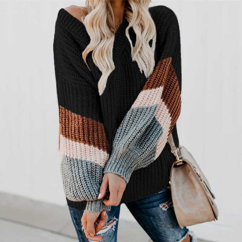 Oversized Color Block Chevron Stripes Off The Shoulder Knit Pullover Sweater