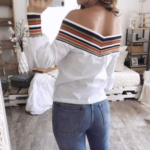 Casual Colorful Rainbow Stripes Off The Shoulder Long Sleeve Shirts