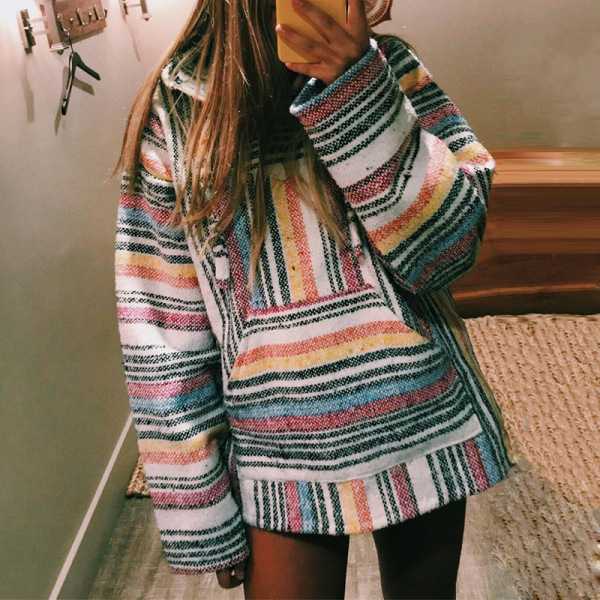 Colorblock Raibow Striped Hooded Sweatshirts For Women