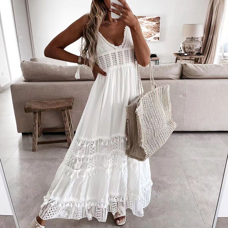 Eyelet Bohemian Crochet Knitted Lace Tassel Fringe Dress