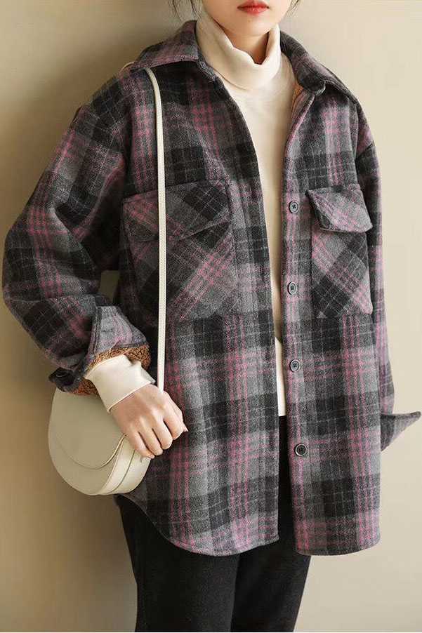 Classic Thick Colorblock Checked Button Down Shirt Jacket Woolen