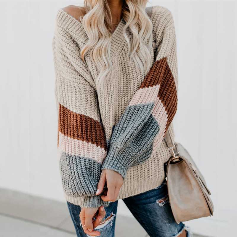 Oversized Color Block Chevron Stripes Off The Shoulder Knit Pullover Sweater