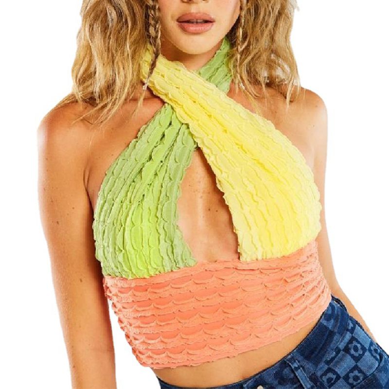 Macaroon Colour Block Ruched Cross Wrap Halter Neck Crop Tops Going Out