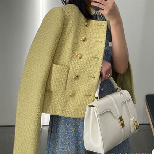 Wool Blended Classy Double Breast Tweed Short Blazer Jacket