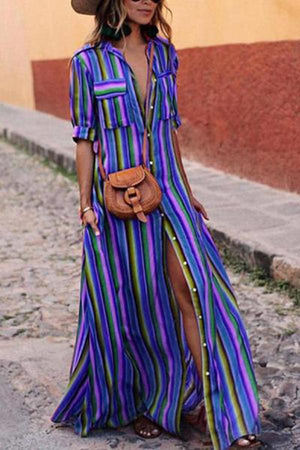 Boho Multi striped long maxi button down dress with sleeves