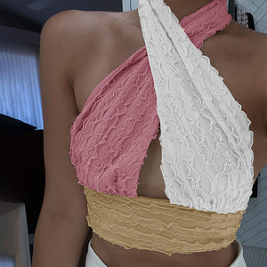 Macaroon Colour Block Ruched Cross Wrap Halter Neck Crop Tops Going Out