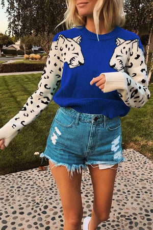 Contrast White Leopard Knit Crewneck Jumper Sweater Ribbed