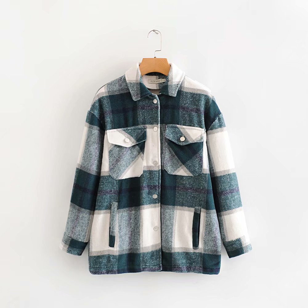 Classic Thick Colorblock Checked Button Down Shirt Jacket Woolen