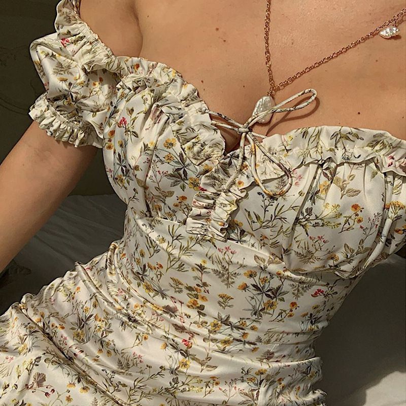 Vintage Floral Afternoon Tea Garden Off Shoulder High Slit Cottage Core Dress