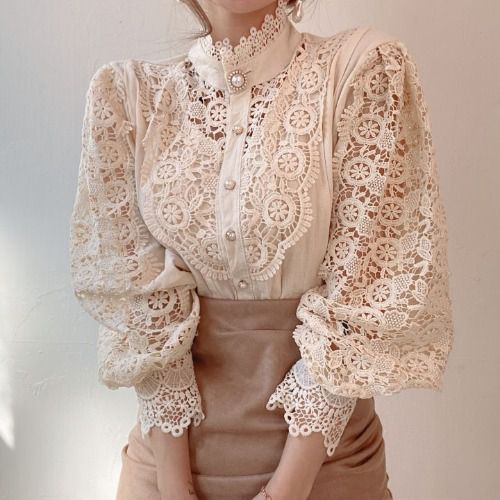 Classic Fashion Hollow Through Eyelet Lace Ruffle Blouse Lolita Undershirt Plus Size