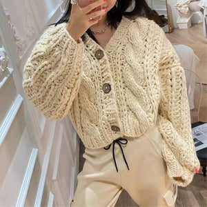 Hand Knitted Braid Chunky Cable Knit V Neck Button Crop Cardigan Sweater