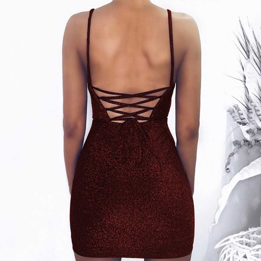 Sexy Glitter Lace Up Tight Fitted Dresses Night Club Bodycon