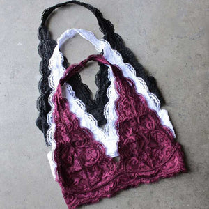 Boho Crochet Neckline Lace Halter Backless Bralette Padded
