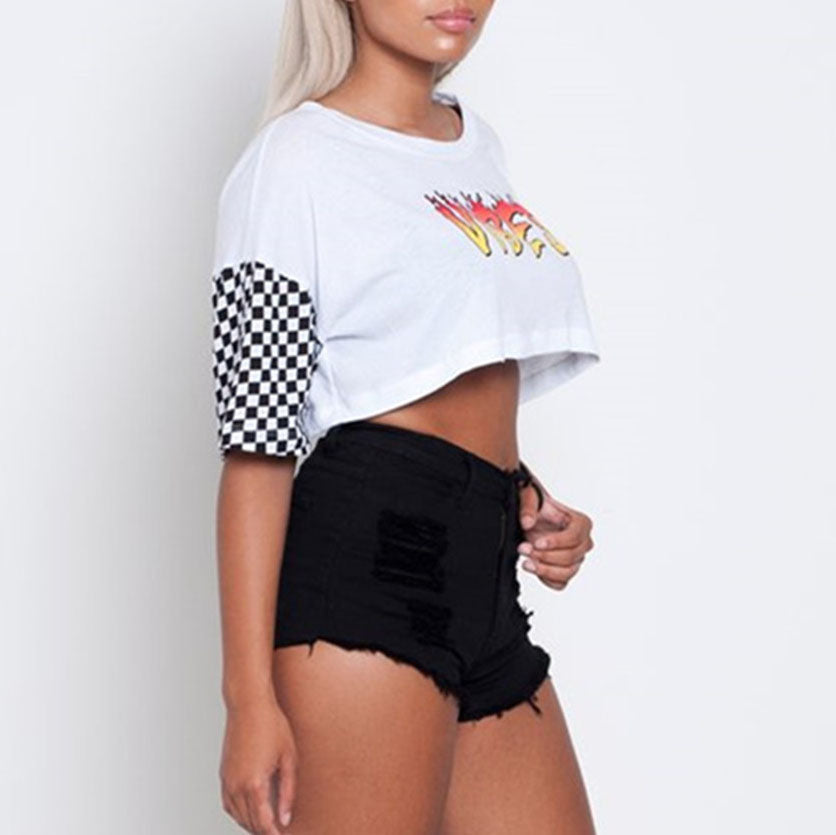 Sporty Color Combos Printed Checkerboard Crop Tee and Biker Shorts Set