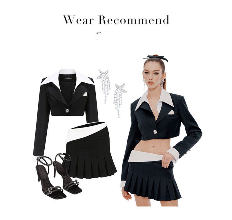Preppy Contrast Collared Single Breasted Cropped Blazer And Pleated Mini Skirt