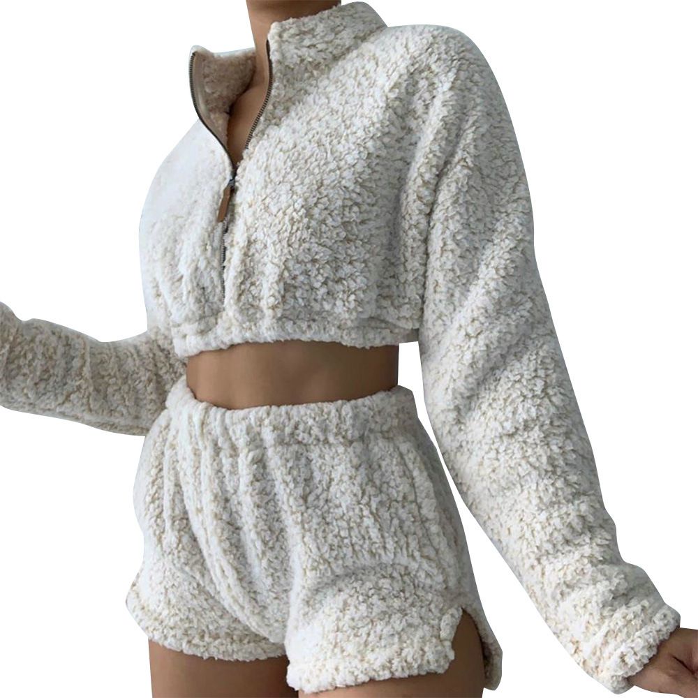 Fuzzy Cropped Faux Fur Teddy Pullover and Fleece shorts Co ord Set