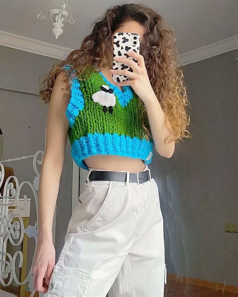 Color Block Ribbed Trimmed Check Knit Vest Cropped Sleeveless Tank Jumper