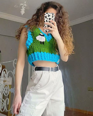 Color Block Ribbed Trimmed Check Knit Vest Cropped Sleeveless Tank Jumper