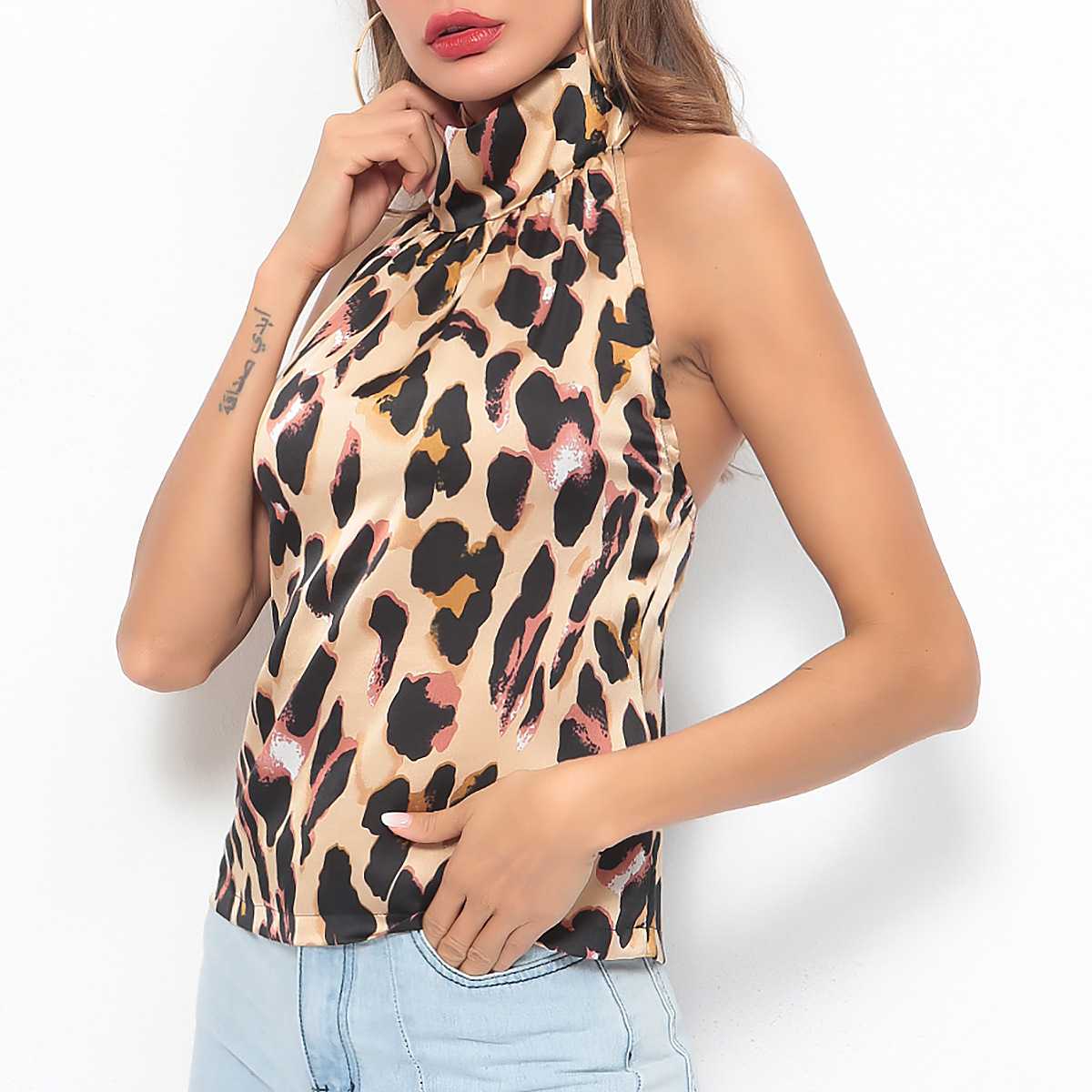 Leopard Halter Neck Tank Top Open Back Sleeveless Shirt