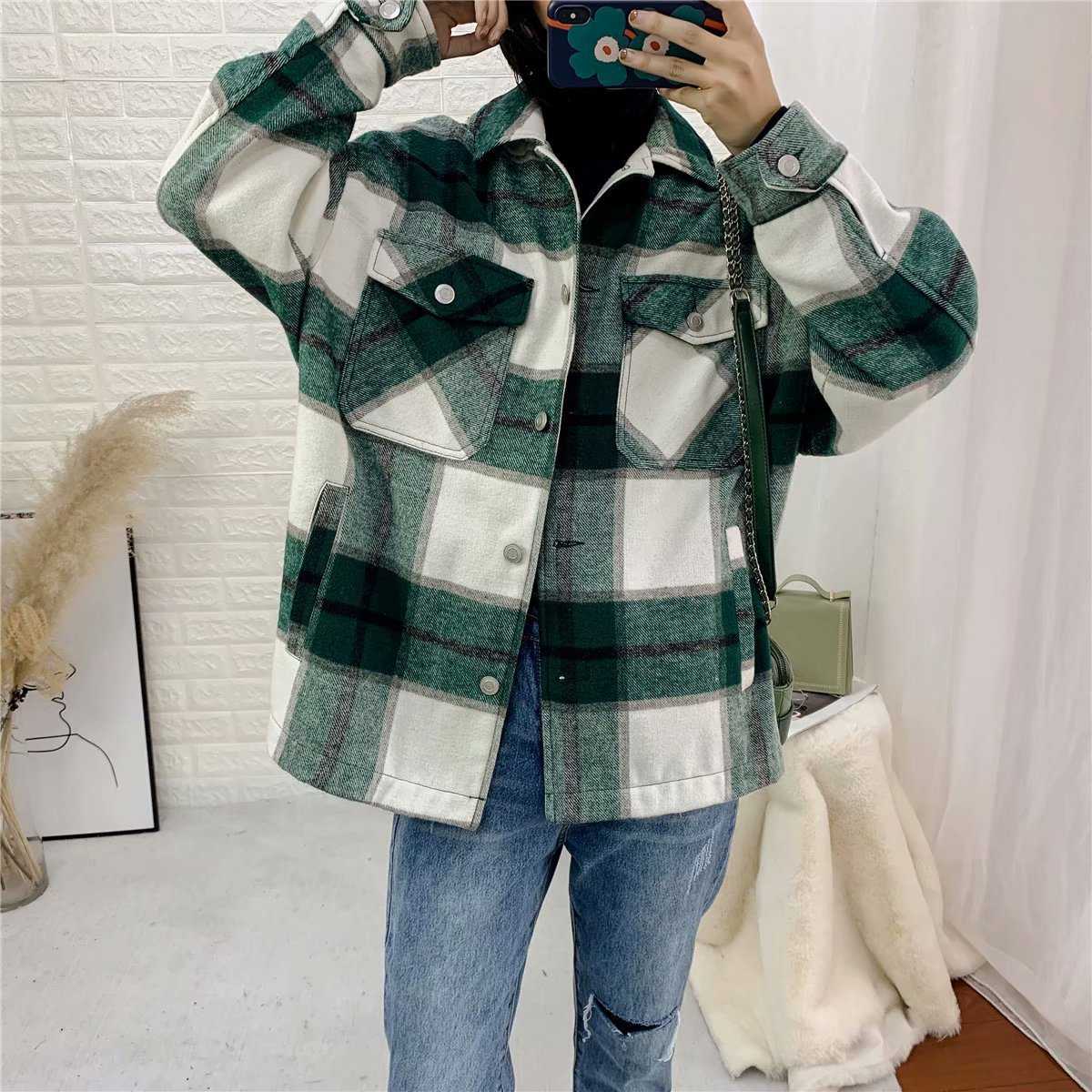 Classic Thick Colorblock Checked Button Down Shirt Jacket Woolen