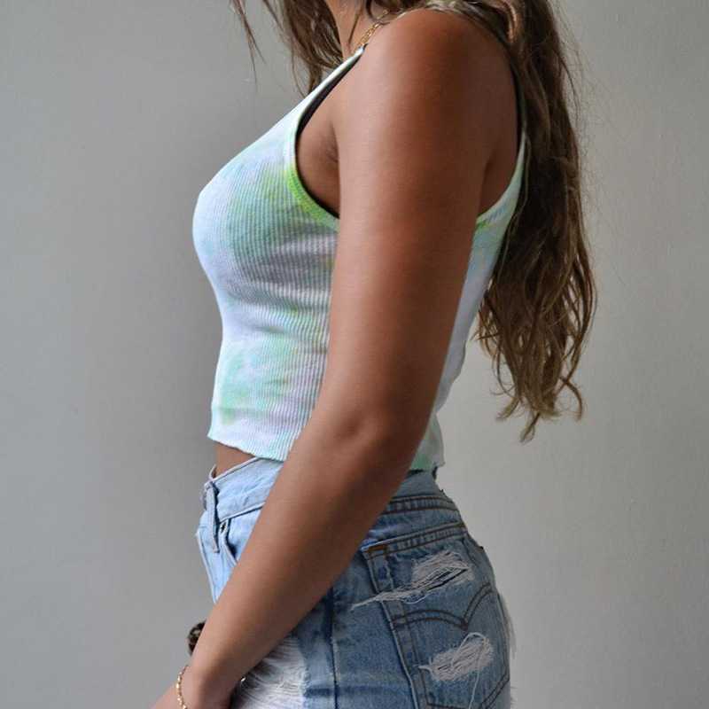 Sporty Ribbed U Neck Pastel Tie Dye Cropped Tank Tops For Women