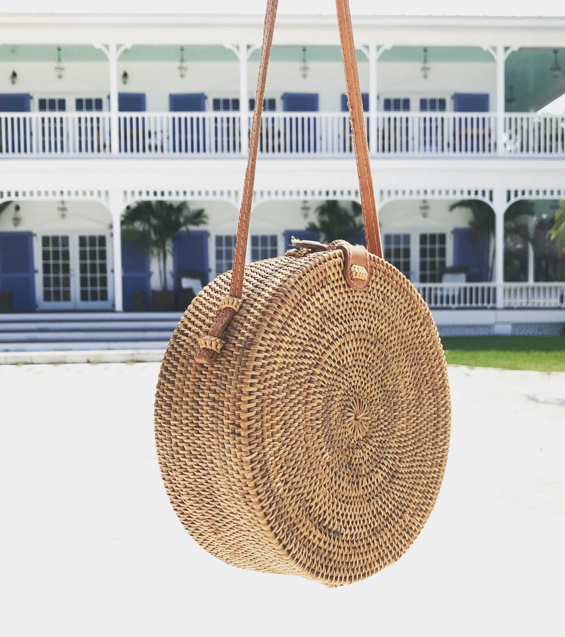 Boho Handmade Round Woven Handbag Bali Rattan Crossbody Beach Bag