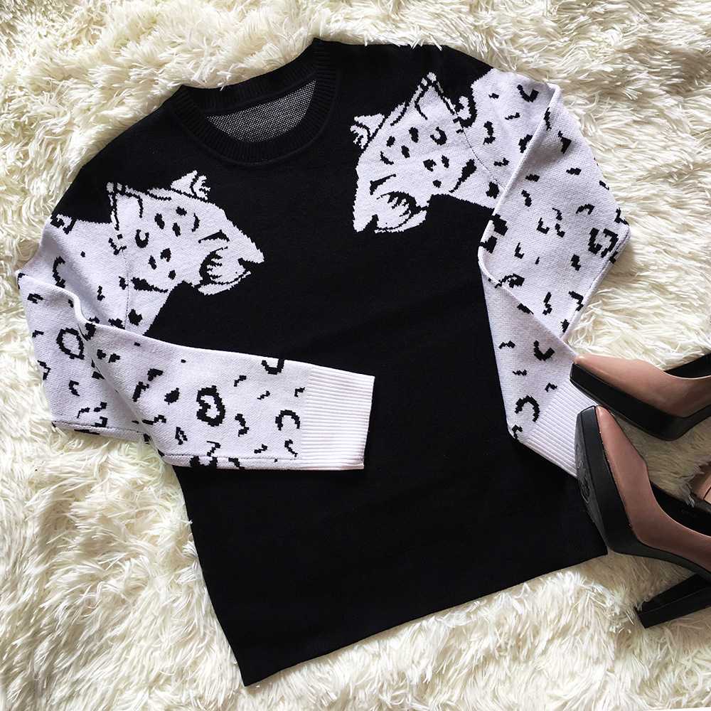 Contrast White Leopard Knit Crewneck Jumper Sweater Ribbed