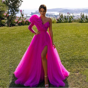 Ruffles Formal One Shoulder Tull High Slit Ball Gown Guest Dress