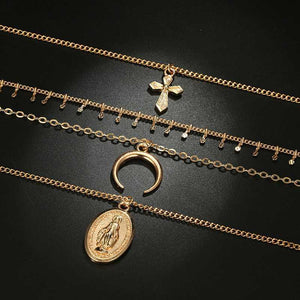 Gold Madonna Goddess Coin Crescent layered Necklace Set