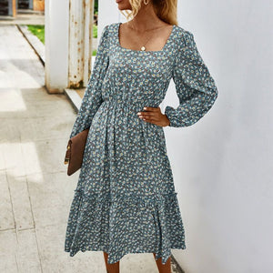 Stretchy Square Neck Garden Floral Print Swing Ruffle Midi Dress