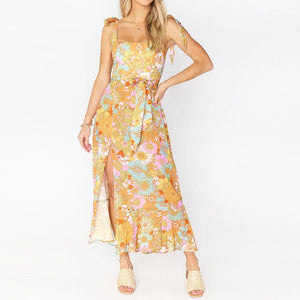 Retro Garden Tie Shoulder Spaghetti Midi Dress With Slit