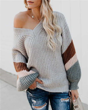 Oversized Color Block Chevron Stripes Off The Shoulder Knit Pullover Sweater