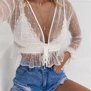 Dotted Tie Front Plunge White Sheer Mesh Lace Peplum Top Blouse
