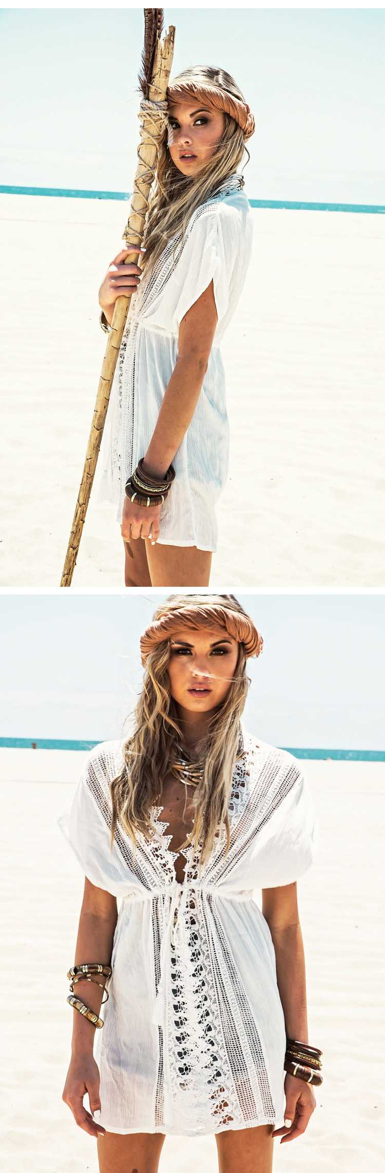 Beach Trip Honeymoon Deep V Neck White Crochet Lace Beach Dress Cover Ups
