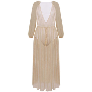 Gitter Sequins Deep Plunge Tie Waist Long Sleeve Sheer Mesh Dress