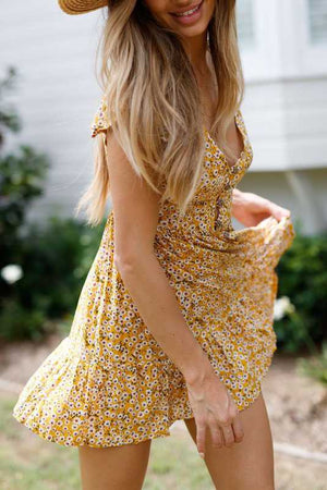 Cute Ditsy Floral Prints V Neck Button Through Mini Dress sunifty