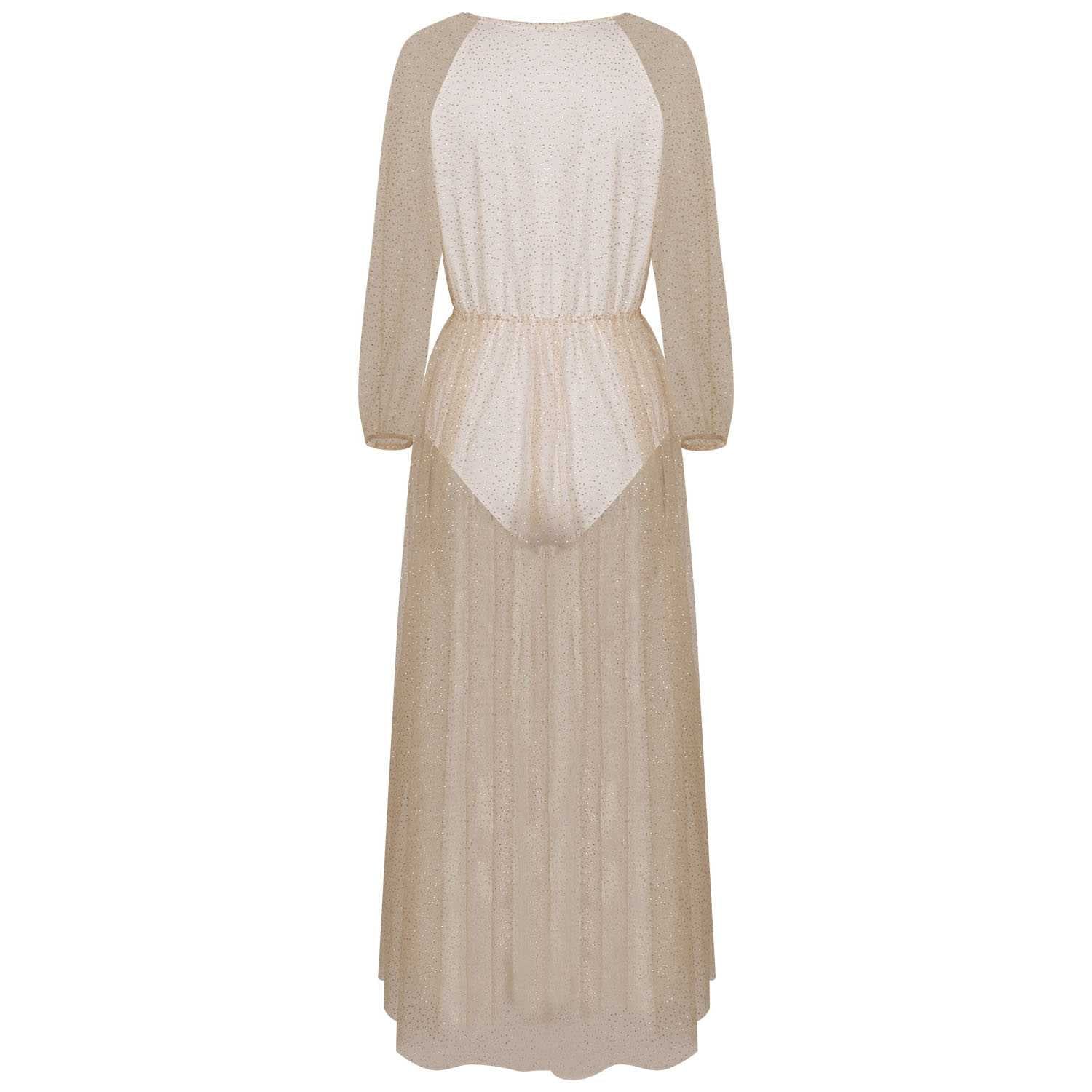 Gitter Sequins Deep Plunge Tie Waist Long Sleeve Sheer Mesh Dress