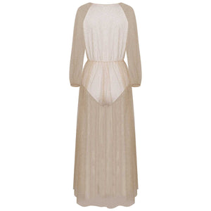 Gitter Sequins Deep Plunge Tie Waist Long Sleeve Sheer Mesh Dress