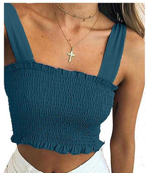 Curved Hem Trimmed Scrunch Tie Up Shoulder Ruched Crop Top Tanks