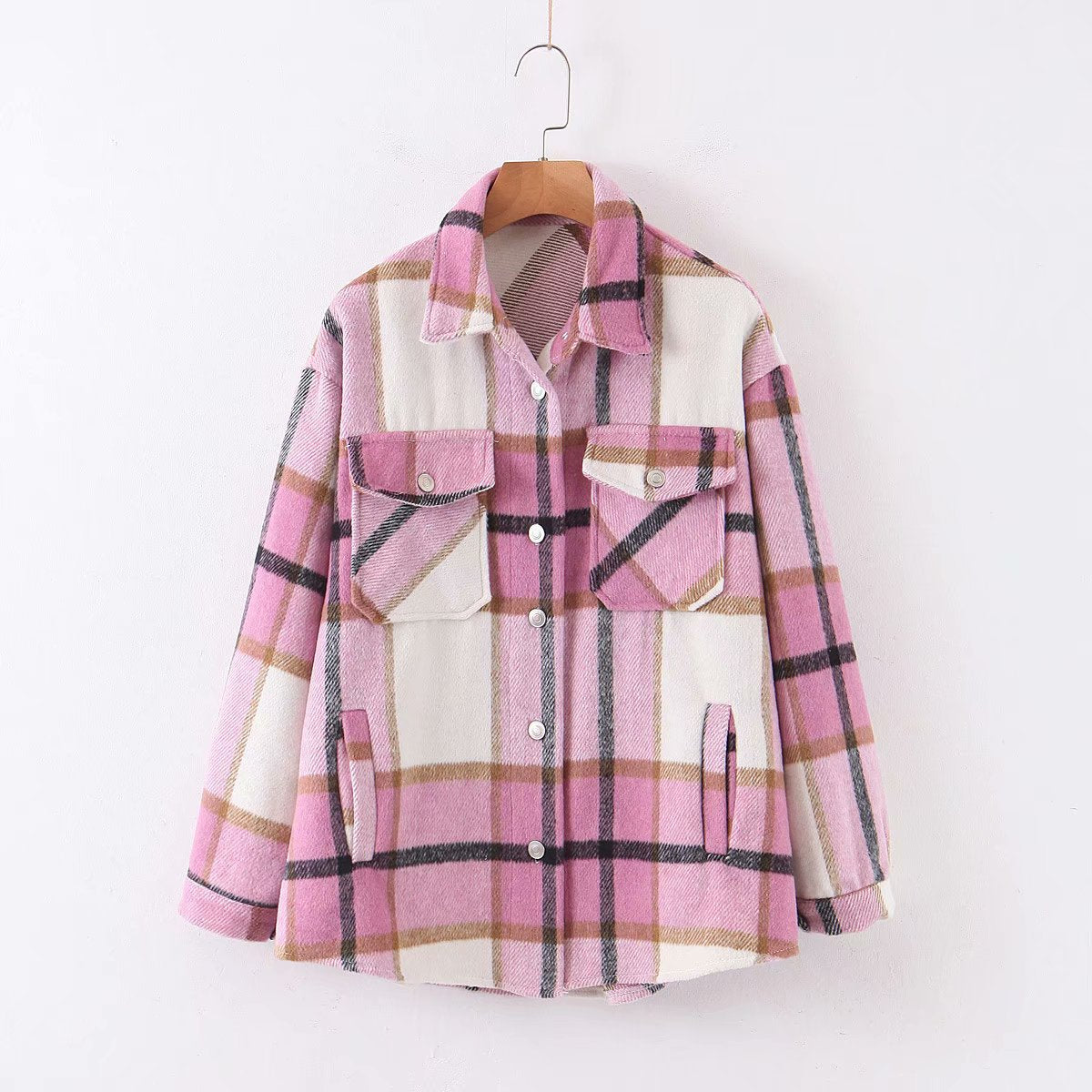 Classic Thick Colorblock Checked Button Down Shirt Jacket Woolen