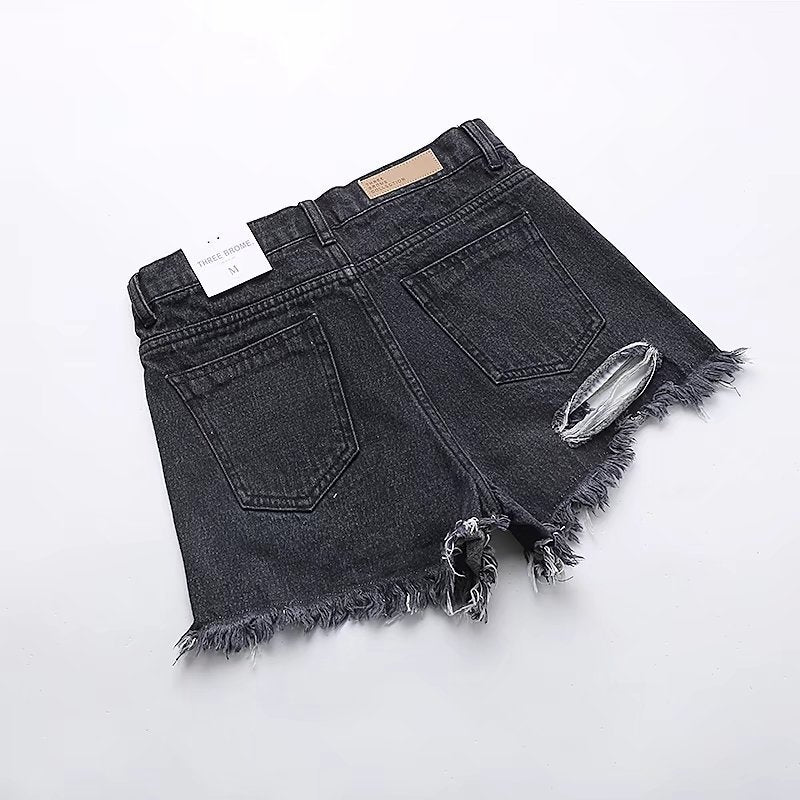 Cute Destroyed Washed Side Cut High Waisted Ripped Denim Shorts