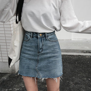 Vintage Washed Distressed Notched Light Denim Mini Skirt