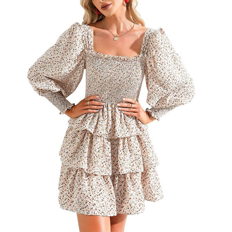 Square Neck Shirring Tiered Frill Layered Mini Dress Puff Sleeves