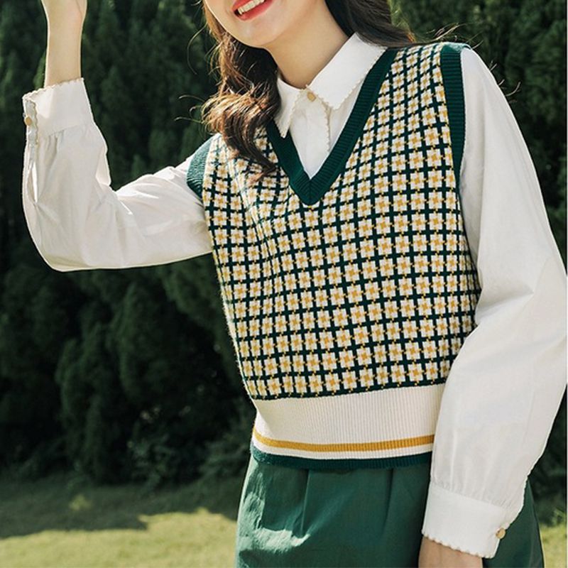 Color Block Oversized Dogtooth Sleeveless Knit Vest Jumper