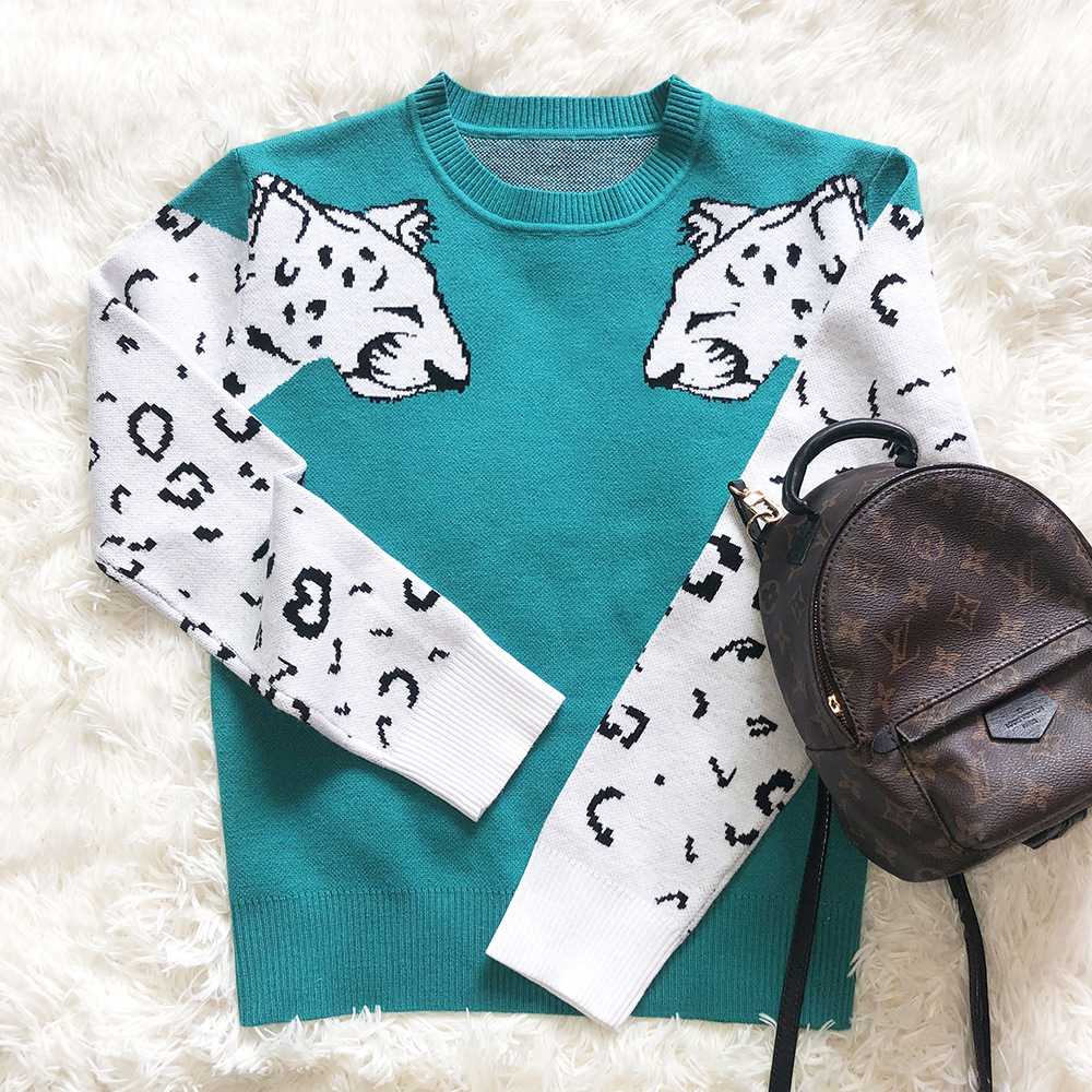 Contrast White Leopard Knit Crewneck Jumper Sweater Ribbed sunifty