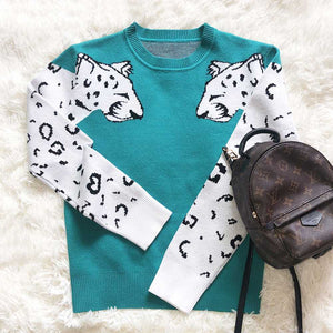 Contrast White Leopard Knit Crewneck Jumper Sweater Ribbed