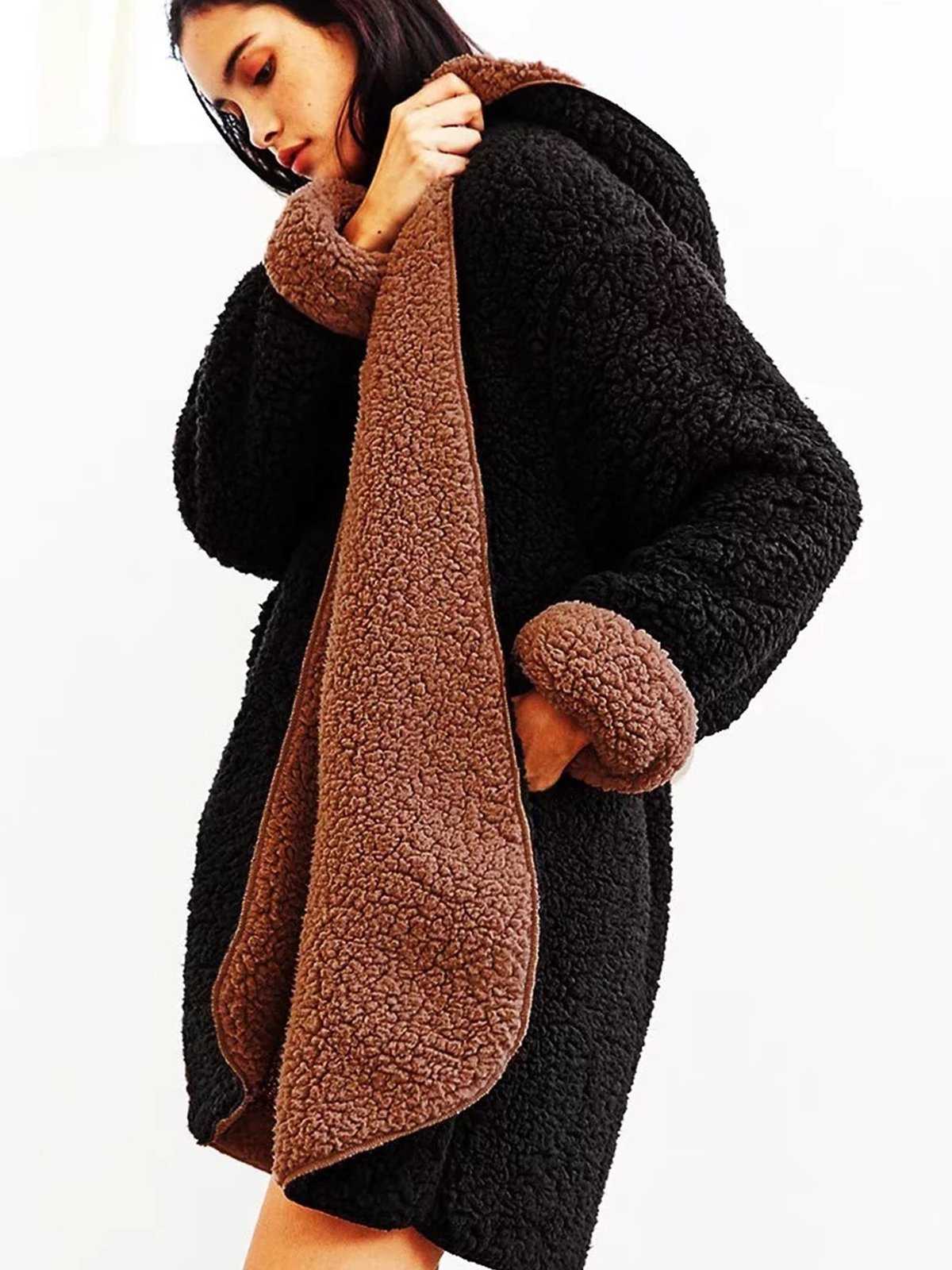 Revers Fuzzy Faux Fur Hooded Long Winter Coat
