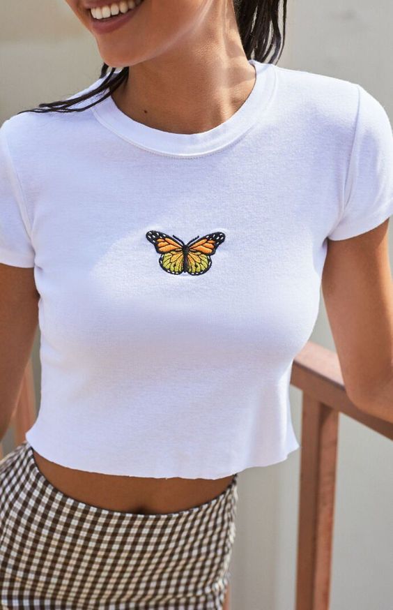 Colorful Butterfly Embroidered Ribbed Cotton Tank Top Crop Top